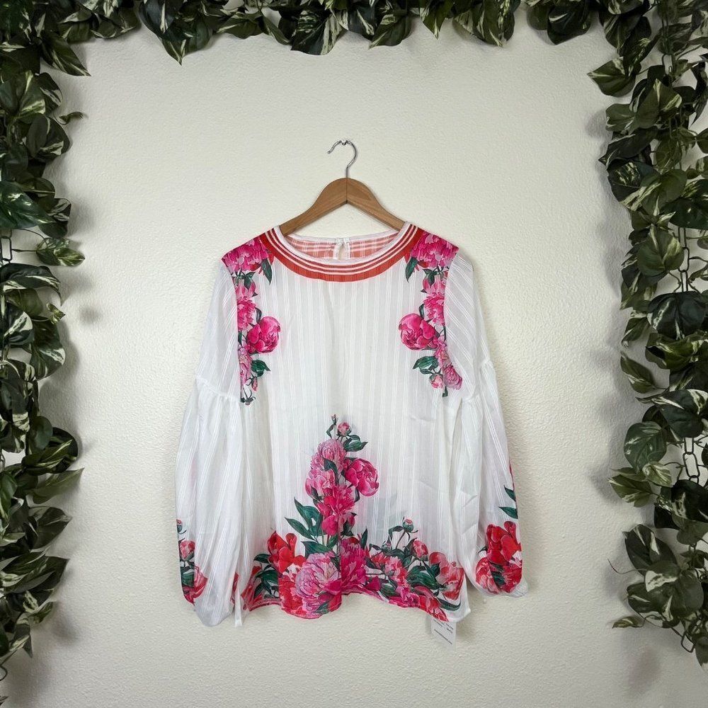 Beetsweetie Floral Balloon Long Sleeve Blouse White NWT Women’s Size L